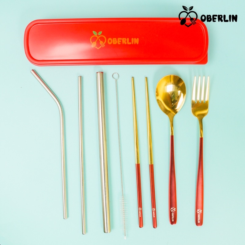 sendok korea set golden red + sedotan stainless set