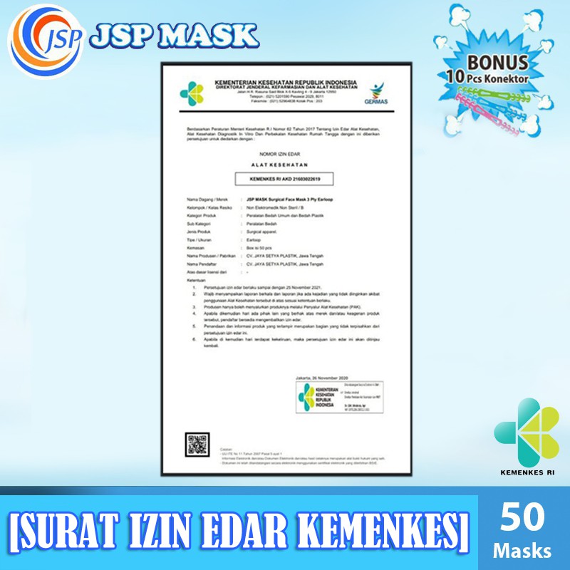 Masker 3 Ply Masker 3 Lapis JSP MASK Masker Earloop FREE KONEKTOR 10PCS Masker Warna