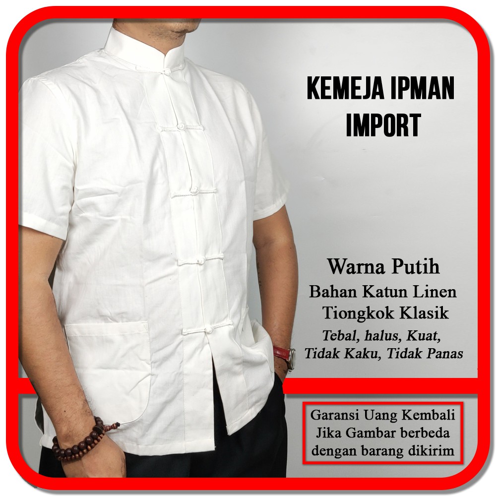 Kemeja Shanghai Pria Cheongsam Ipman Wingchun Tangan Pendek Import Putih