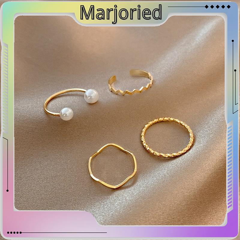 4 Pcs/set Korea Cincin Emas Untuk Wanita Sederhana Mutiara Elegan Cincin Set Dapat Disesuaikan Terbuka Perhiasan Hadiah-MJD