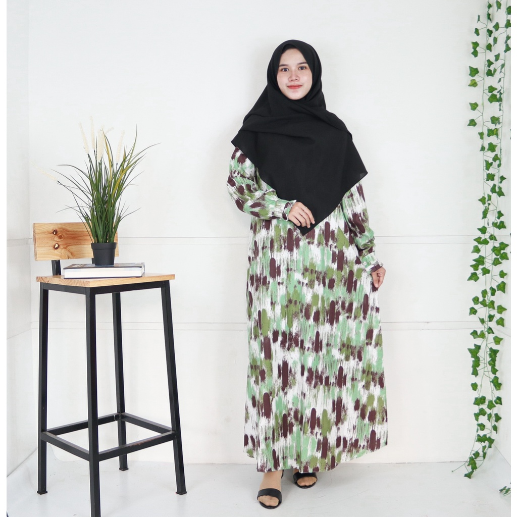 IZANY GAMIS / Dress Muslim XXL Jumbo Lengan Kancing Banyak Motif-ABSTRACT GREEN