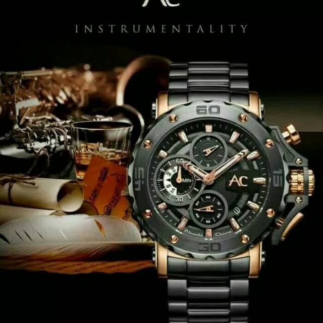 JAM TANGAN PRIA / COWOK ALEXANDRE CHRISTIE COLLECTION BLACK ROSE GOLD RANTAI- ROSEGOLD HITAM AC 9205