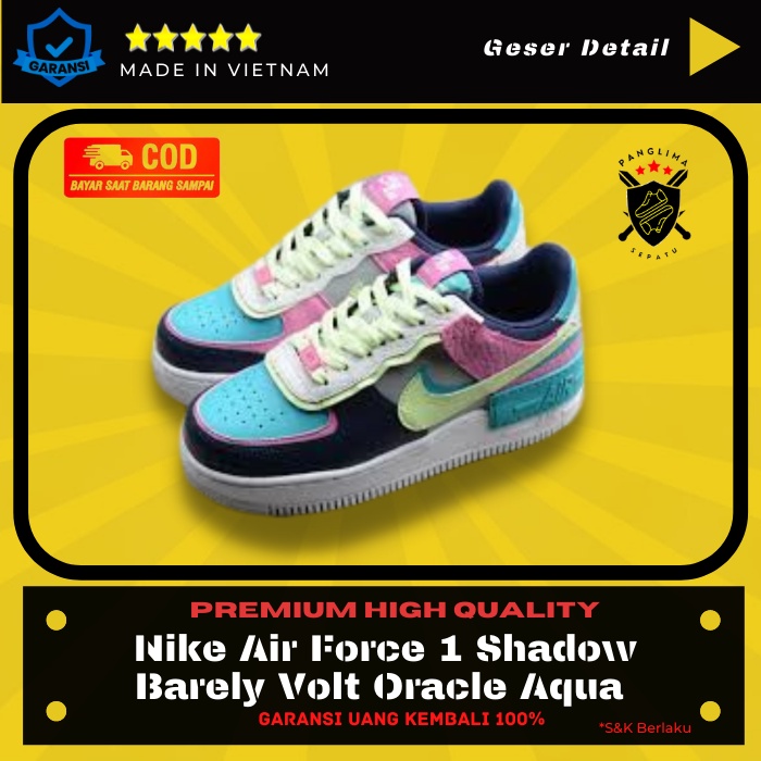 Sepatu Nike Air Force 1 Shadow Barely Volt Oracle Aqua Sneakers Wanita Sneaker Fashion Cewek Import 