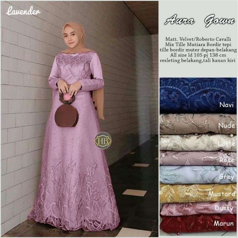 AURA GOWN TILLE TULLE PREMIUM PARTY DRESS GAUN PESTA MEWAH WISUDA LILAC NUDE NAVI GAMIS BROKAT MAXI