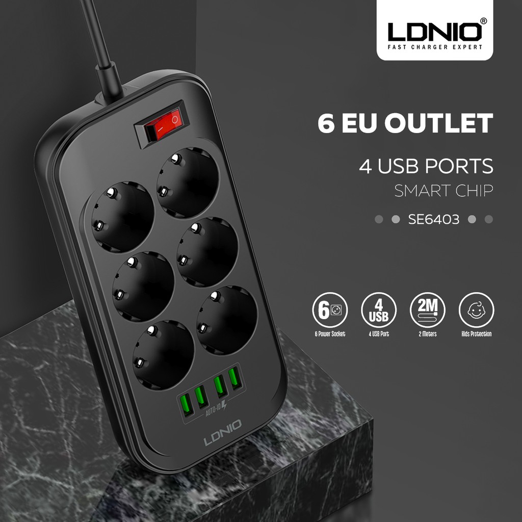 LDNIO SE6403 Power Strip Power Socket Charger Stop Kontak Usb Charger