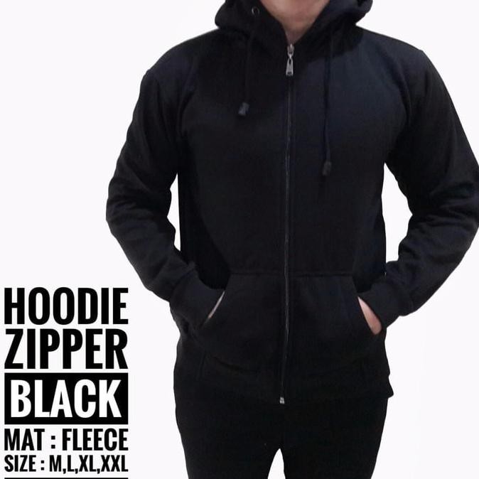 Hoodie Jaket Resleting Polos Pria Hitam Unisex Bahan Mantap
