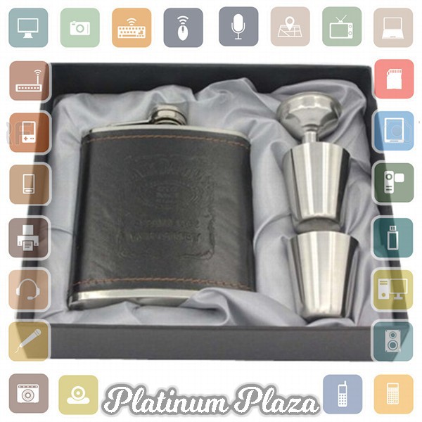 Botol Bir Hip Flask Stainless Steel Leather dengan Shot Glass 7Oz - Black`HV5M3M-