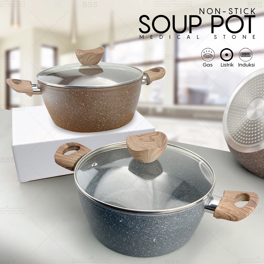 Soup Pot Panci Sup 22cm 24cm 26cm Teflon Anti Lengket Pan Kuah Masak Goreng Tanpa Minyak Handle Motif Kayu Medical Stone