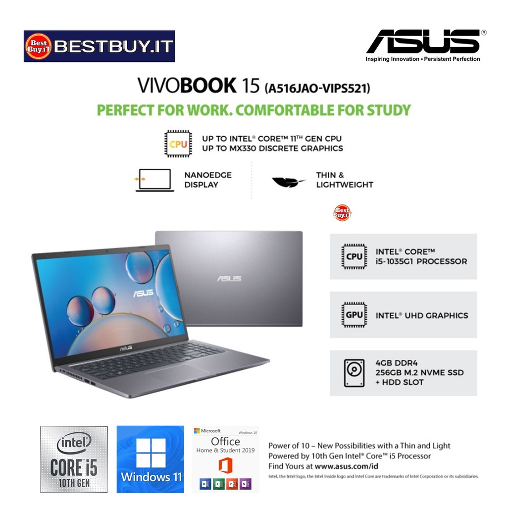 ASUS VIVOBOOK 15 A516JAO i5-1035G1 4GB SSD 256GB 15.6″ FHD W11 OHS