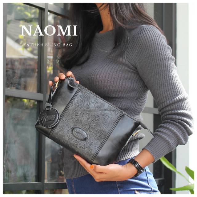 TAS KULIT ASLI SLEMPANG WANITA MODEL NAOMI KULIT SAPI MOTIF BATIK HITAM / FREE GRAVIR NAMA DI TAS