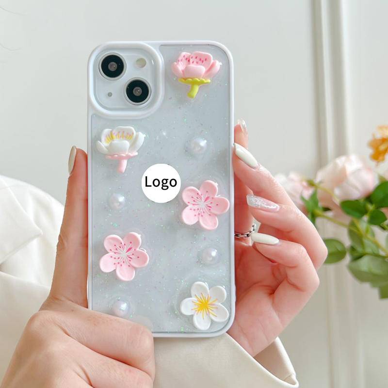 Soft Case Silikon Motif Bunga Sakura 3D Glitter Untuk iPhone 13 12 11 Pro MAX Mini X XS MAX XR SE 2022 2020 7 8 Plus