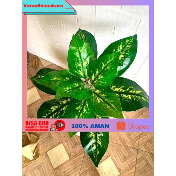 (BISA COD) BUNGA/POHON HIAS PLASTIK JENIS TANAMAN KELADI - Garis Hijau