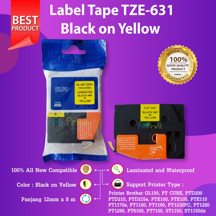 Brother TZE-631 Label Tape 12MM Black On Yellow TZE631 Printer PTD200 Printer Brother GL100, PT CUBE, PTD200, PTD210, PTD215e, PTE100, PTE105, PTE110, PTH100, PTH101C, PTH105, PTH110, PT128AF, PT200, PT1000, PT1010, PT1090, PT1090BK, PT1100, PT1100sb, PT1