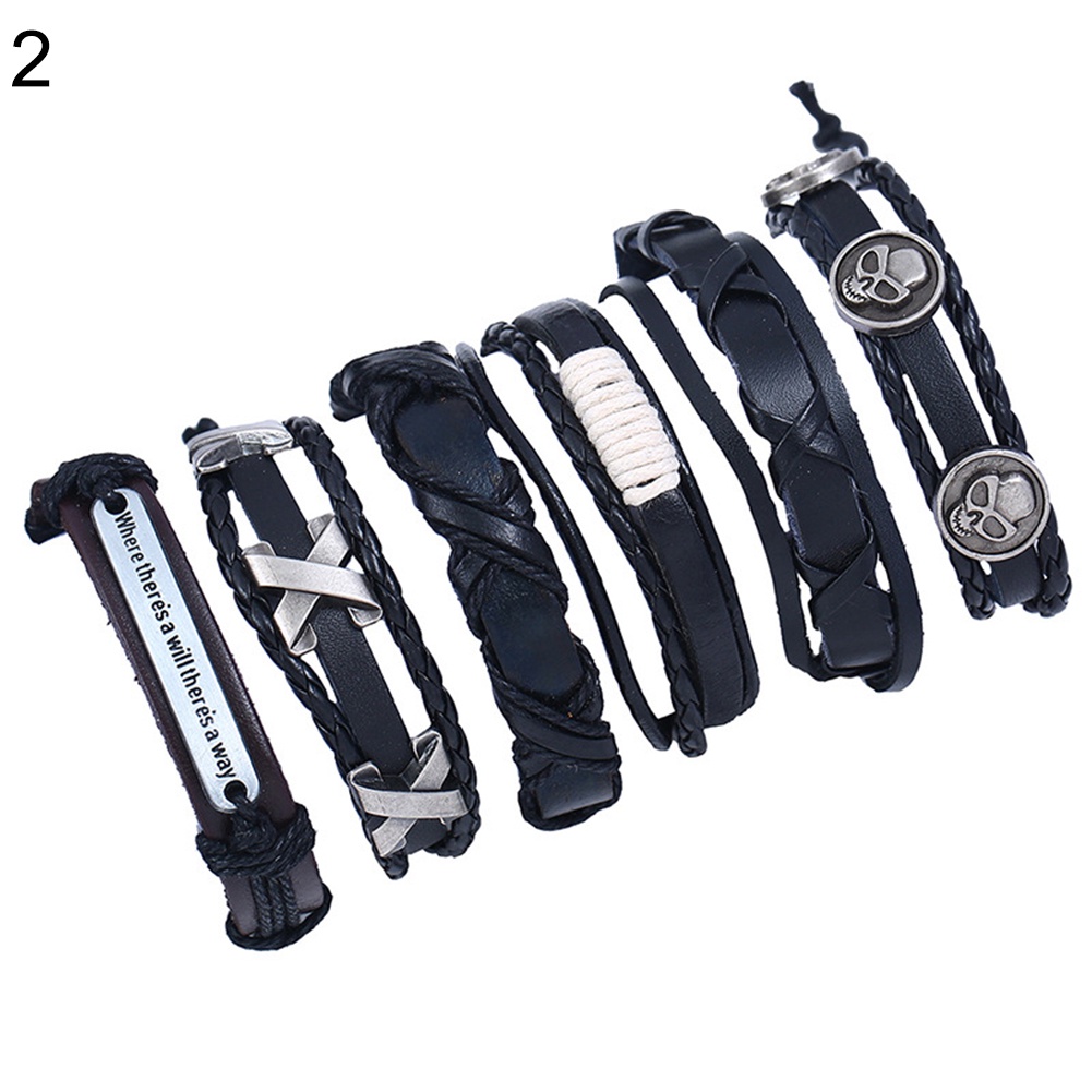 Hu Hu Hu Hu Hu Alat Bantu Pasang Kacamata♡ 6pcs Gelang Tangan Kulit Imitasi Gaya Retro Hip Hop Punk Aksen Tengkorakdaun Untuk Pria