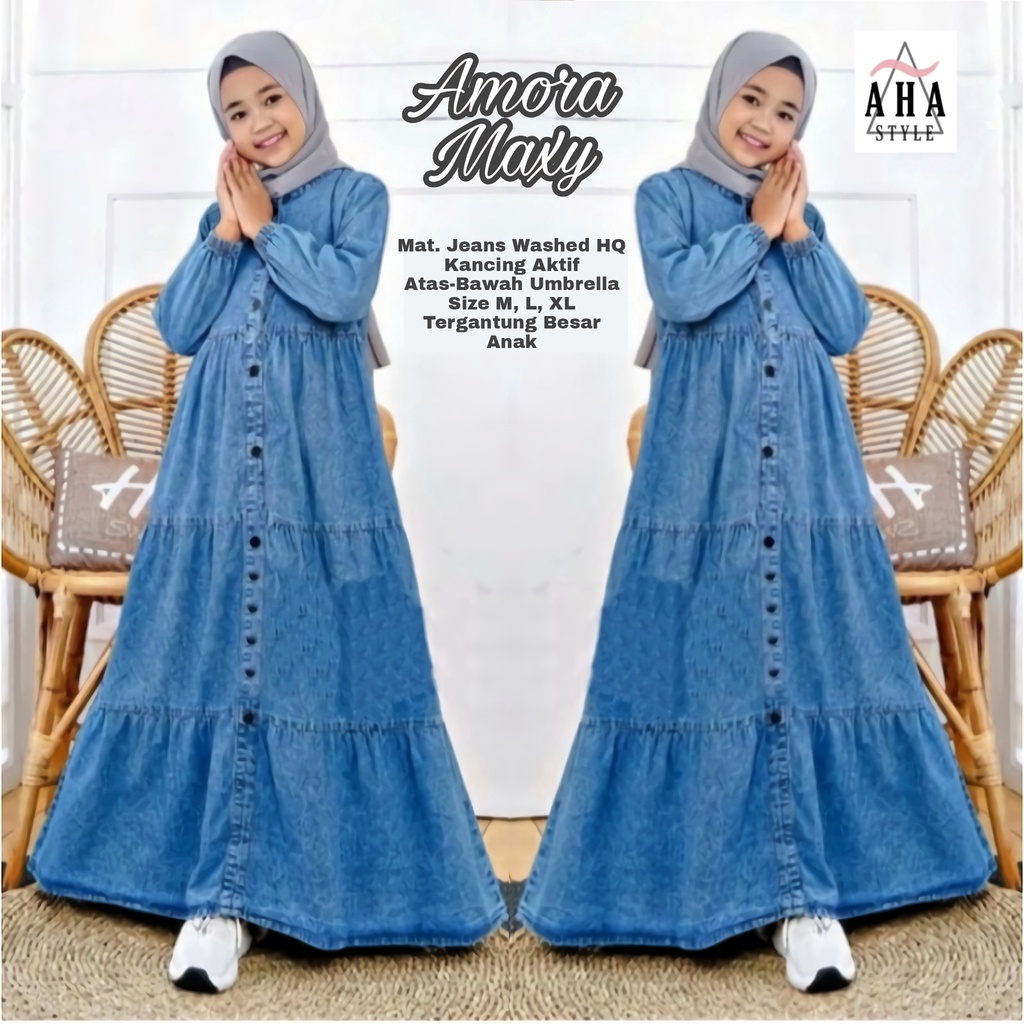 Baju Gamis Dress Susun Jeans Anak Perempuan Tanggung Umur 11 12 15 Tahun Terbaru 2024 Premium Kekini