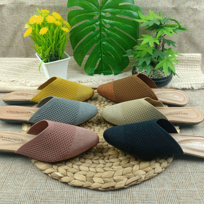 Sandal Flat Wanita Slip On Bahan Rajut Import SF-53 GRAVICI