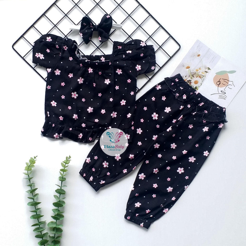 Plazababyku MX CARLA RAYON SETELAN BANDO setelan bayi motif bunga yang lucu free headband