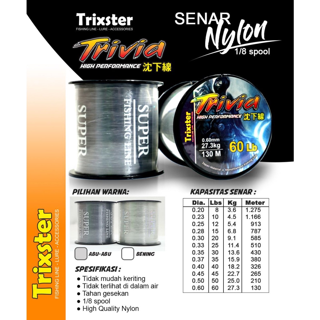 Senar Pancing TRIXSTER Trivia Grey Abu Abu Tali Anti Keriting Bening Nilon Tali Benang Alat Pancing 