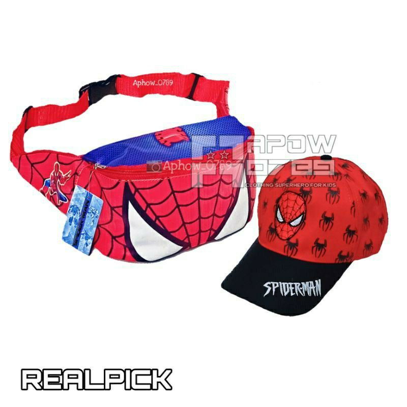 Paket 2in1 tas selempang waistbag anak Spiderman + topi baseball bordir Spiderman ( REAL PICT )