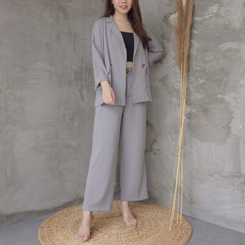 MSMO Set Long Blazer Culotte / Set Wanita / Setelan Wanita / Blazer Wanita / Set Blazer-Grey