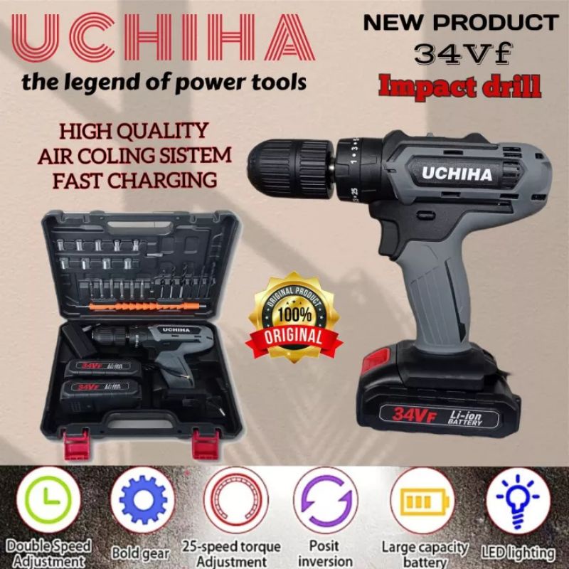 Mesin Bor Baterai Cordless Impact Drill Merk Uchiha 13mm Type 34vf 25 Torsi