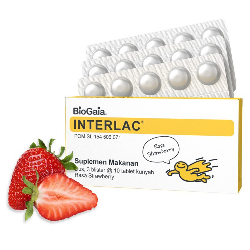 Interlac BioGaia Tablet Kunyah Suplemen Makanan 30 tablet- Strawberry