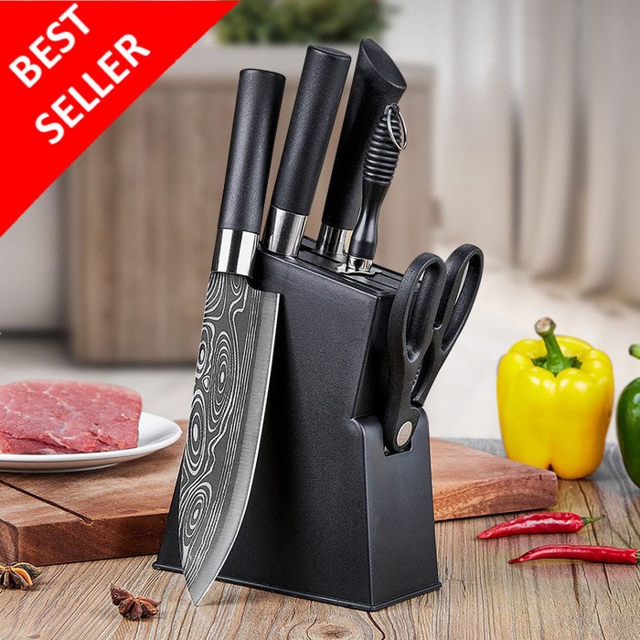 6in1 Set Pisau Dapur Chef Damaskus Pattern Pisau Cincang/Daging/Sushi