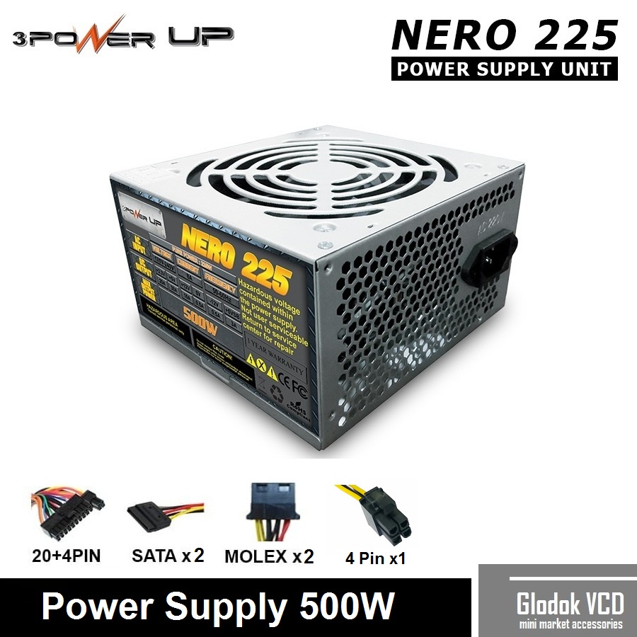 Power Supply 3 Power Up 500W PSU Nero 225