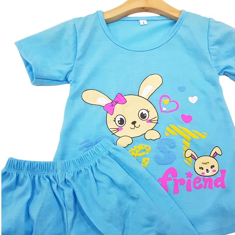 SETELAN SIKUNING PAKAIAN BAJU ANAK PEREMPUAN 2-7 TAHUN MOTIF BEST FRIEND RABBIT