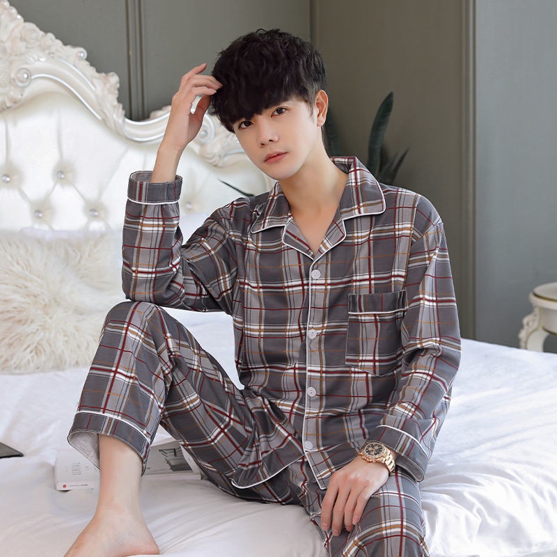 Baju Tidur Piyama Cowok Motif Kotak Kotak Model Kemeja PP Lengan Panjang Celana Panjang Import
