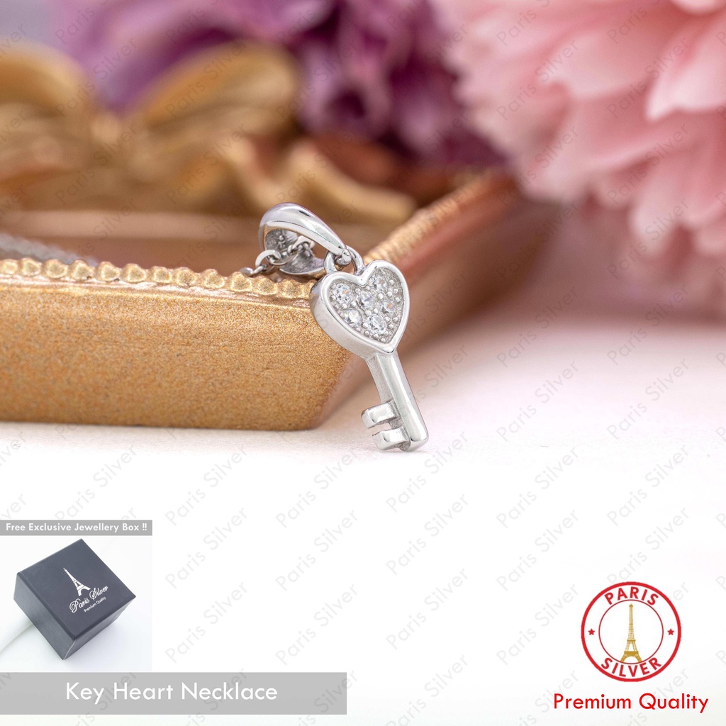 Kalung Liontin Kunci Hati Perak Asli 925 Lapis Emas Putih Heart Key Aksesoris Fashion Wanita Korea K