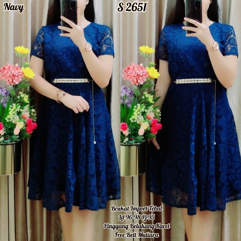 Terbaru Gaun Pesta Wanita Baju Dress Jumbo Kondangan S 2651 #Dress Brukat Import Navy Polos + Belt M