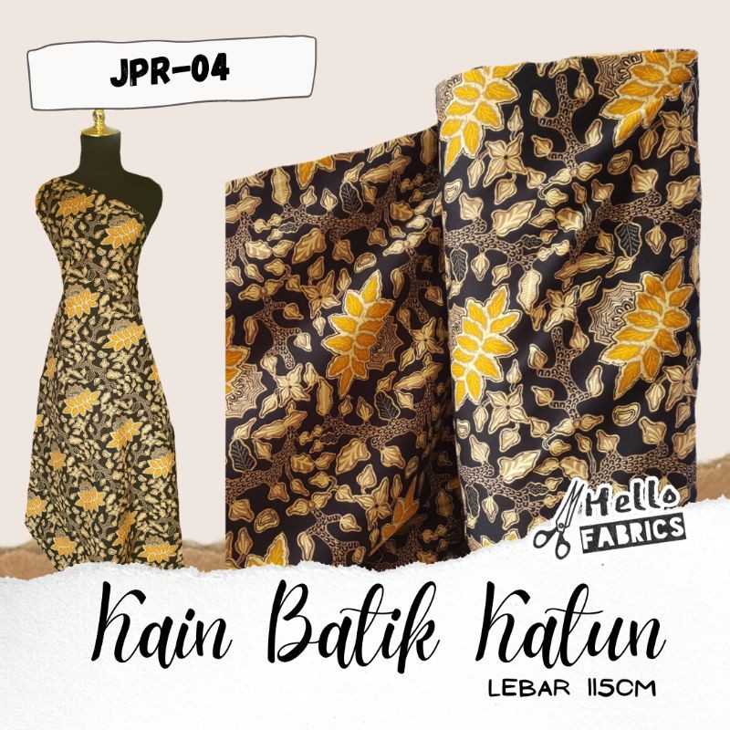 ( JPR-04 ) Kain Batik Meteran Bahan Katun Motif Daun Gold Dasar Warna Hitam