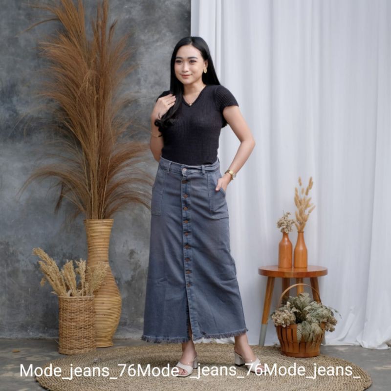 ROK JEANS PANJANG GISCA KANCING DEPAN // ROK JEANS WANITA KANCING DEPAN AKTIF