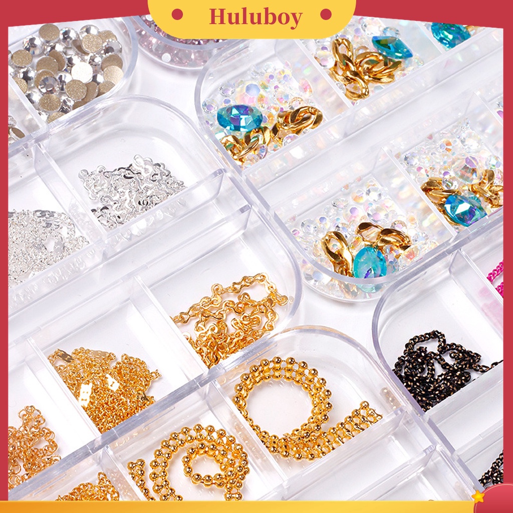 Huluboy Huluboy♡ 12 Grid / Kotak Rantai Kuku 3D Efek Glitter Bahan Alloy Metal Untuk Dekorasi Manicure Wanita