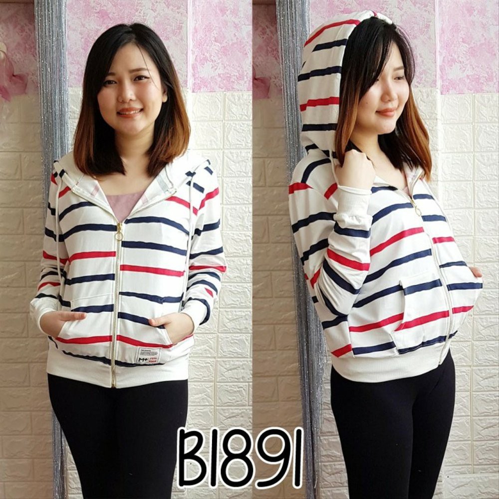 B1891 OUTER WANITA JAKET IMPORT MOTIF GARIS BIG SIZE JUMBO