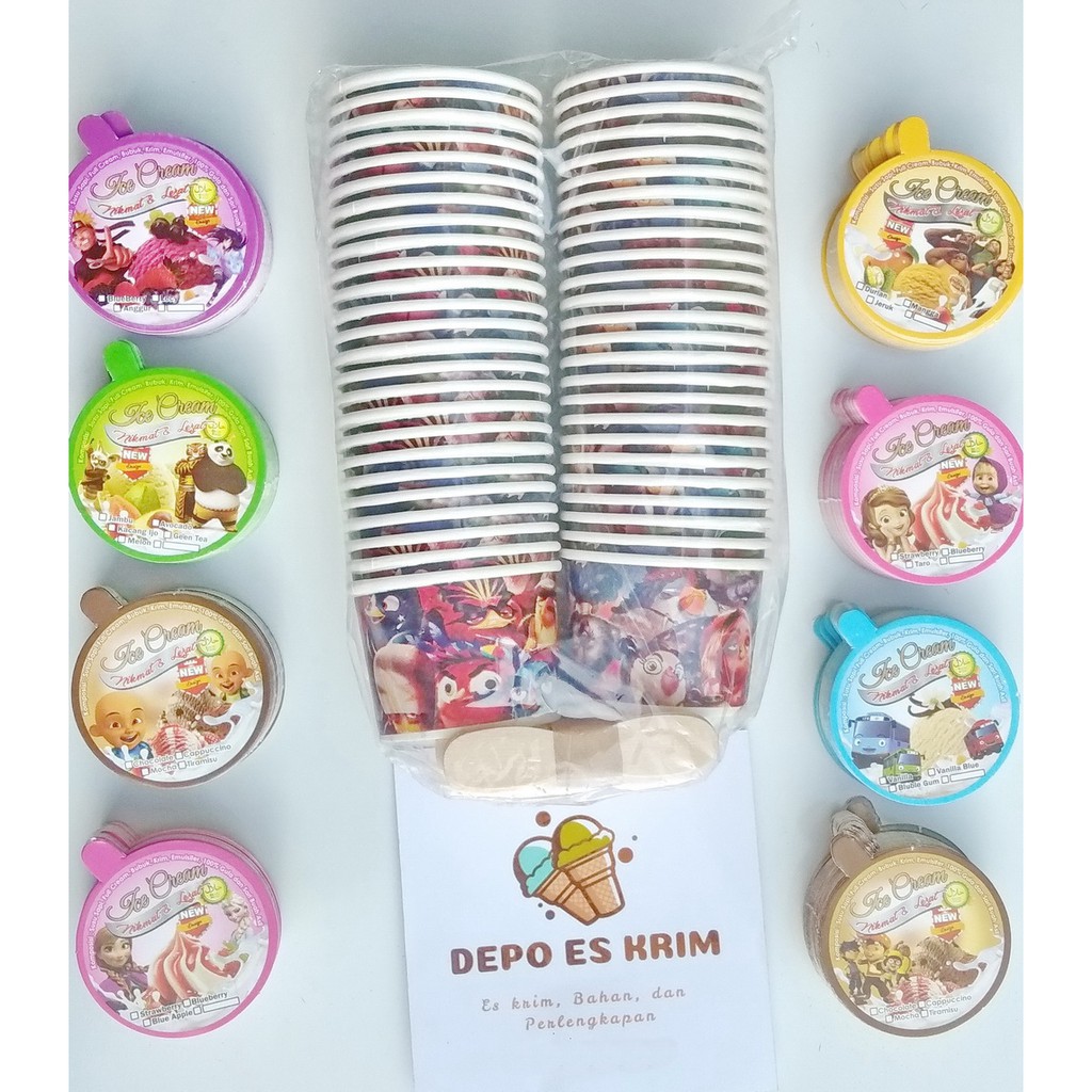 Paper Cup Es Krim 50ml (lengkap Tutup Sendok Cup Kertas) Motif Lucu Murah