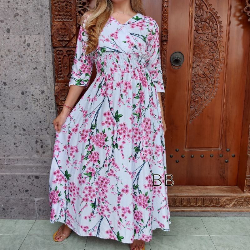 GAMIS BALI / DRES MOZA ( lengan lonceng)-Sakura putih