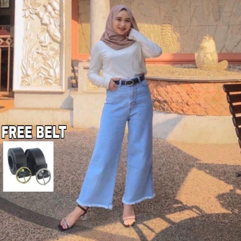 Celana Kulot Jeans Wanita Rawis High Waist Jeans Kulot Rawis Boyfriend Kulot Kekinian FREE BELT