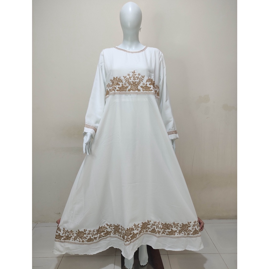 Gamis Syari Bordir Mewah Elegan Modern Warna Broken White Kekinian Jumbo | Busana Muslim Wanita Dewasa Terbaru 2022 Putih Lebaran Acara Pesta Kondangan Afifah-1