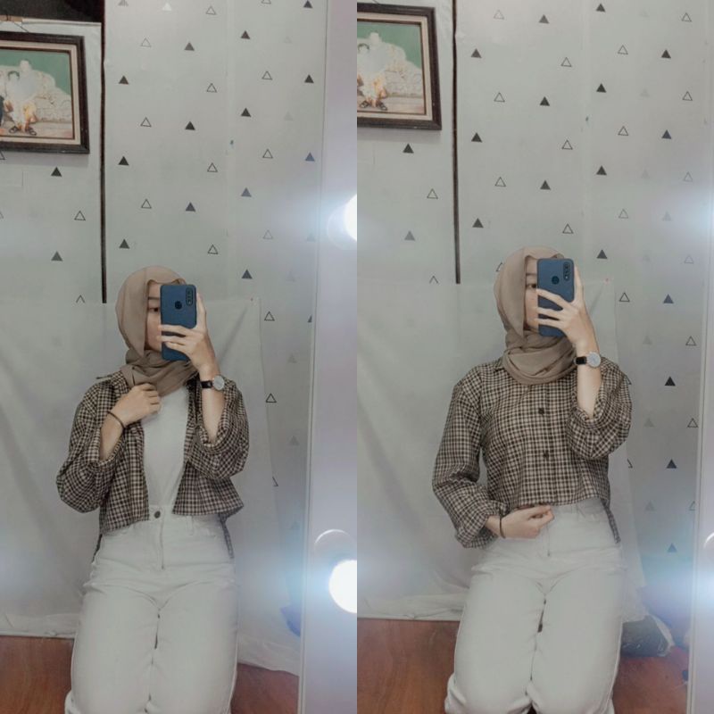 CROP TARTAN SHIRT | KEMEJA KOTAK OVERSIZE | KEMEJA LENGAN BALON