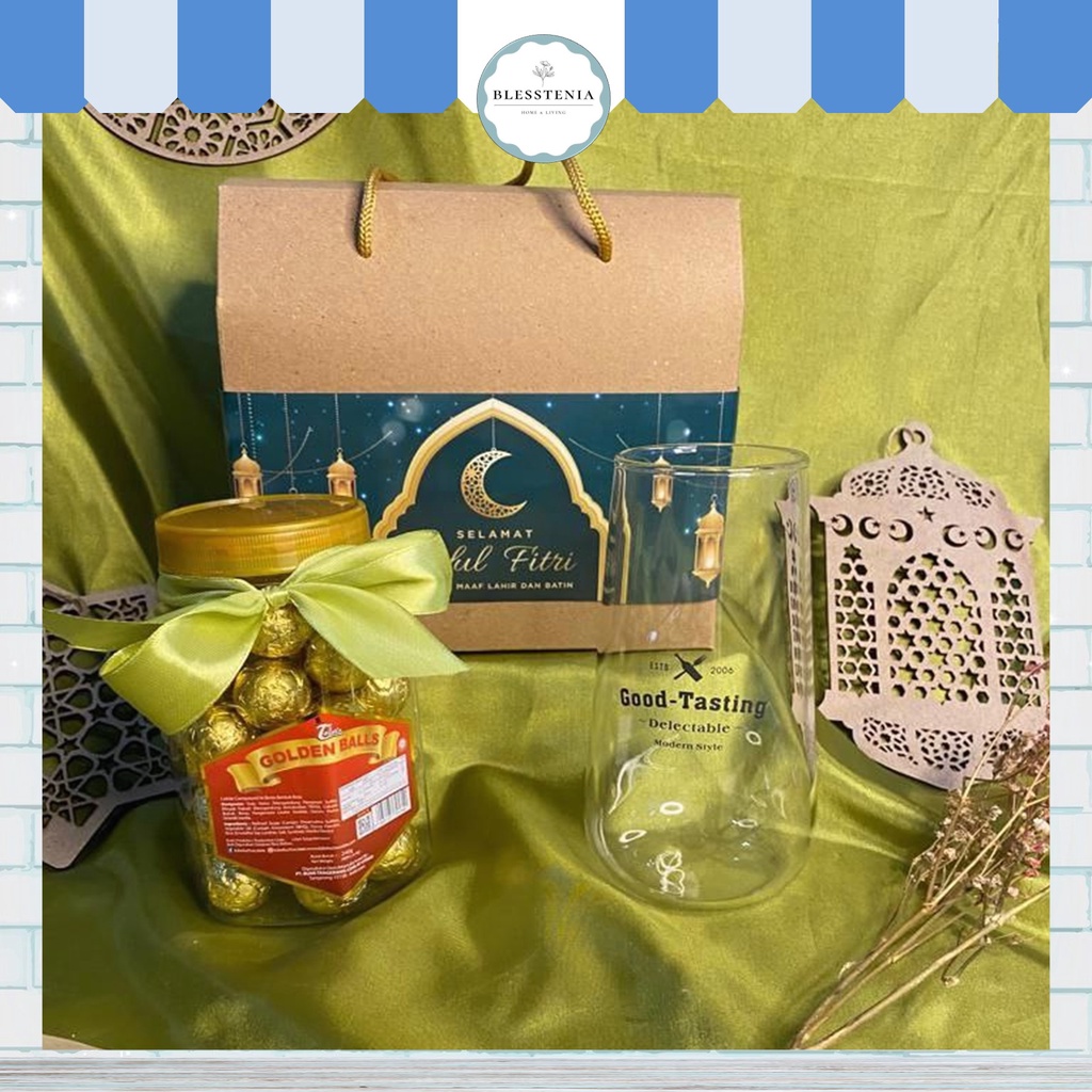 Blesstenia - Hampers Parsel Lebaran Gelas Kaca Estetik + Bola Coklat Eid Mubarak