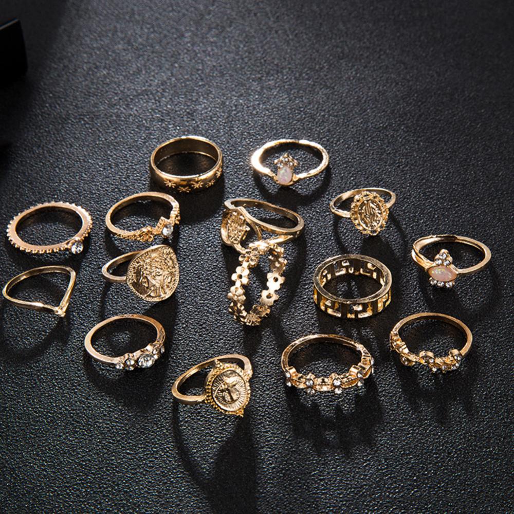 Timekey 15PCS / Set Cincin Wanita Aneka Desain Gaya Vintage Untuk Hadiah A9K8