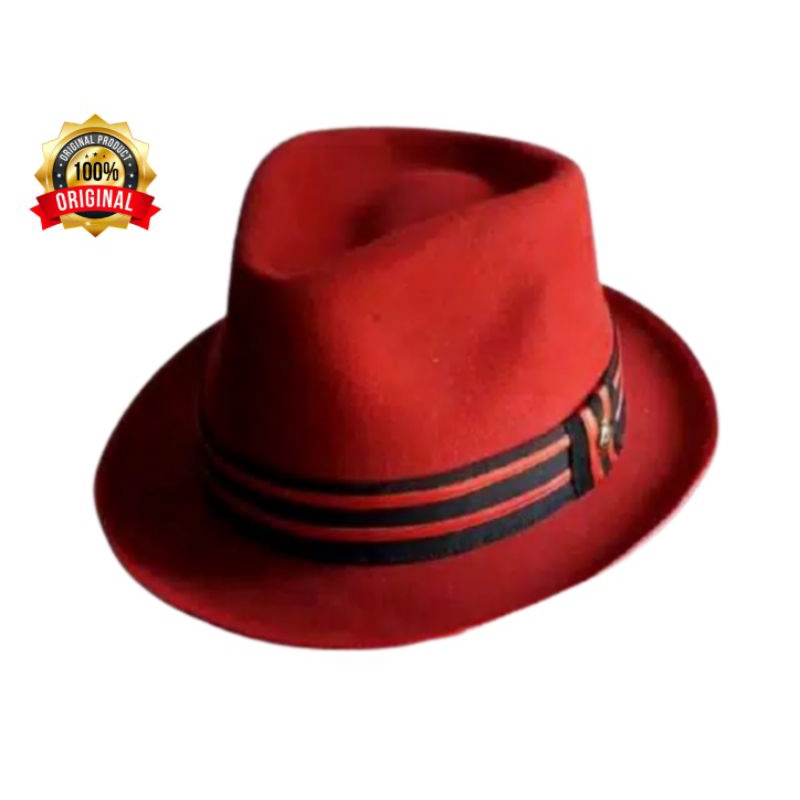 Topi Laken Fedora Trilby Merah  Bahan Laken Woll Import Original The Rolling