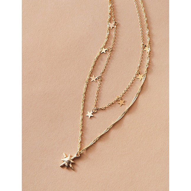 LRC Kalung Fashion Gold Color Snowflake Five-pointed Star Alloy Multilayer Necklace K92739