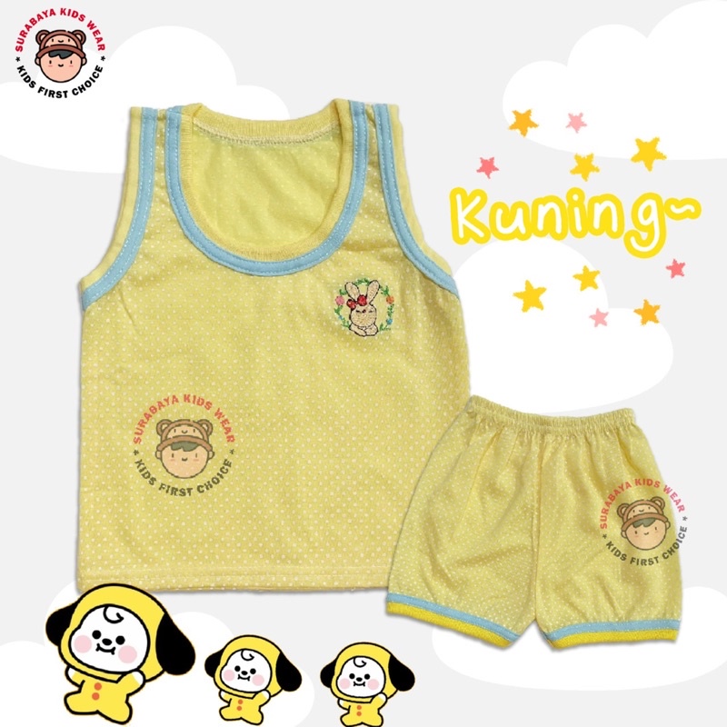 Setelan Kaos Singlet Anak Bintik Warna Bordir Leher