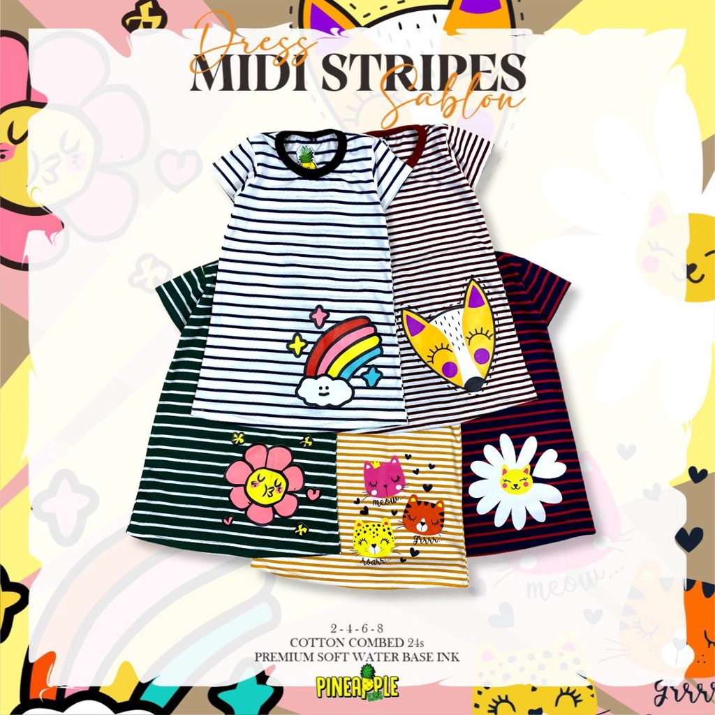 Dress Anak Midi Stripes Sablon Pineapple Original Kaos Anak Perempuan Super Premium