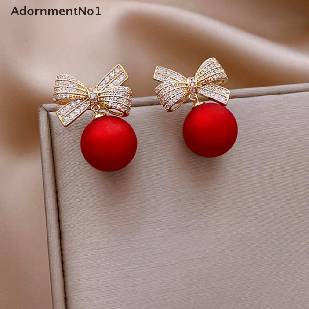 (AdornmentNo1) Anting Tusuk Gantung Pita Merah Aksen Mutiara Imitasi Untuk Wanita