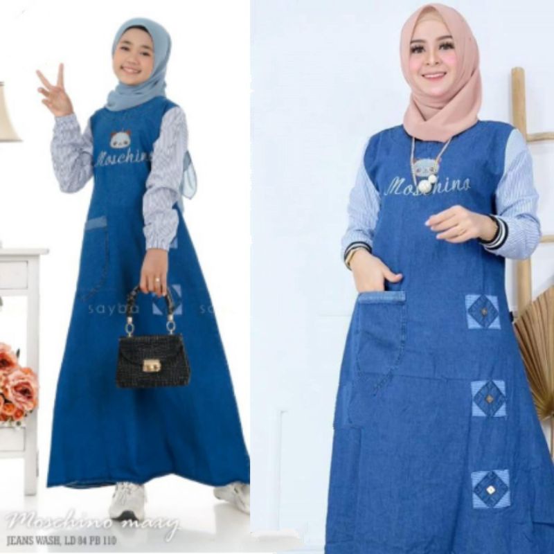 (BISA COUPLE) MOSCHINO MAXY | Gamis Jeans Ibu &amp; Anak Terbaru | Baju Muslim Kekinian