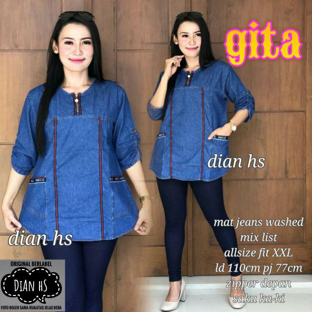 [ TERBARU ] GITA blouse Baju atasan wanita bahan jeans Ld 110 pb 77 fit XXL ziper depan saku aktif-Dark